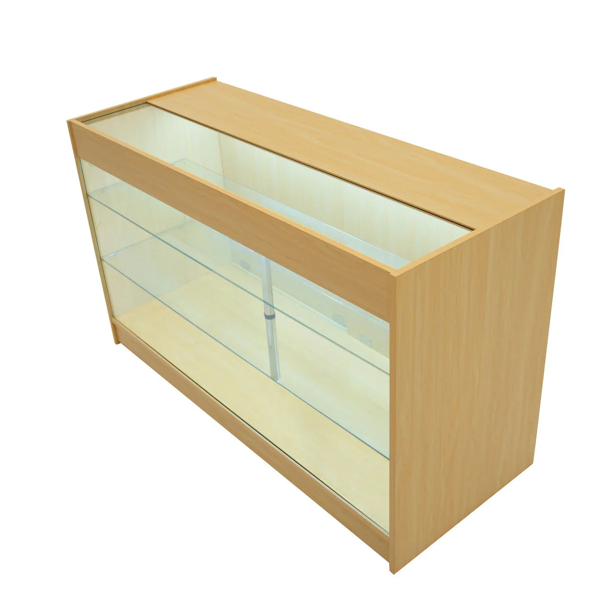 Demeter LED Shop Counter Set in maple finish, featuring a sleek design with glass shelves and illuminated display area