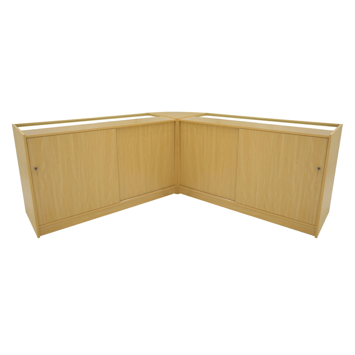 Maple corner shop counter set featuring sleek design, smooth finish, and spacious storage with sliding doors for easy access