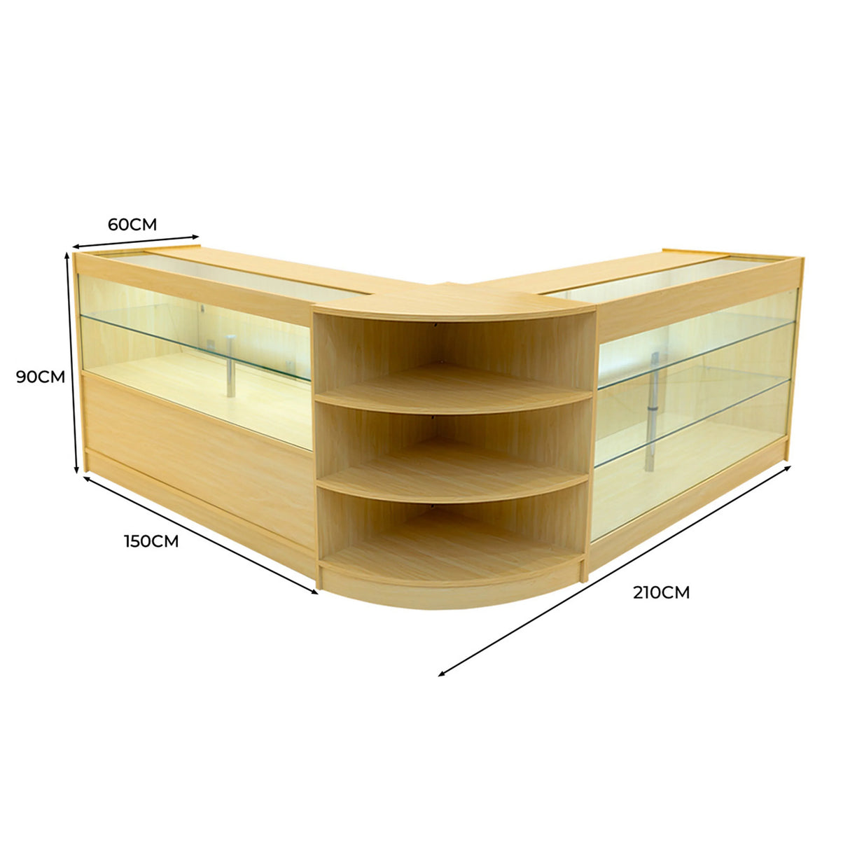 Maple Calliope LED shop counter set featuring a sleek, modern design with glass display shelves and ample storage space