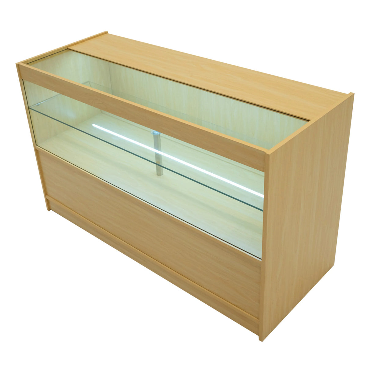 Maple LED shop counter set featuring a sleek design, glass display shelves, and a spacious storage compartment for retail use