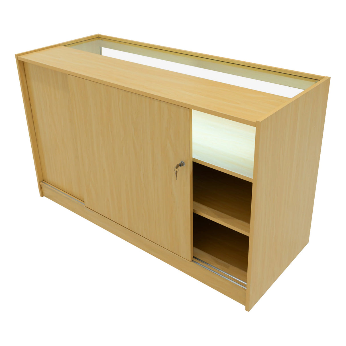 Luna LED Shop Counter Set in maple finish, featuring sliding doors, glass display top, and open shelving for storage and visibility