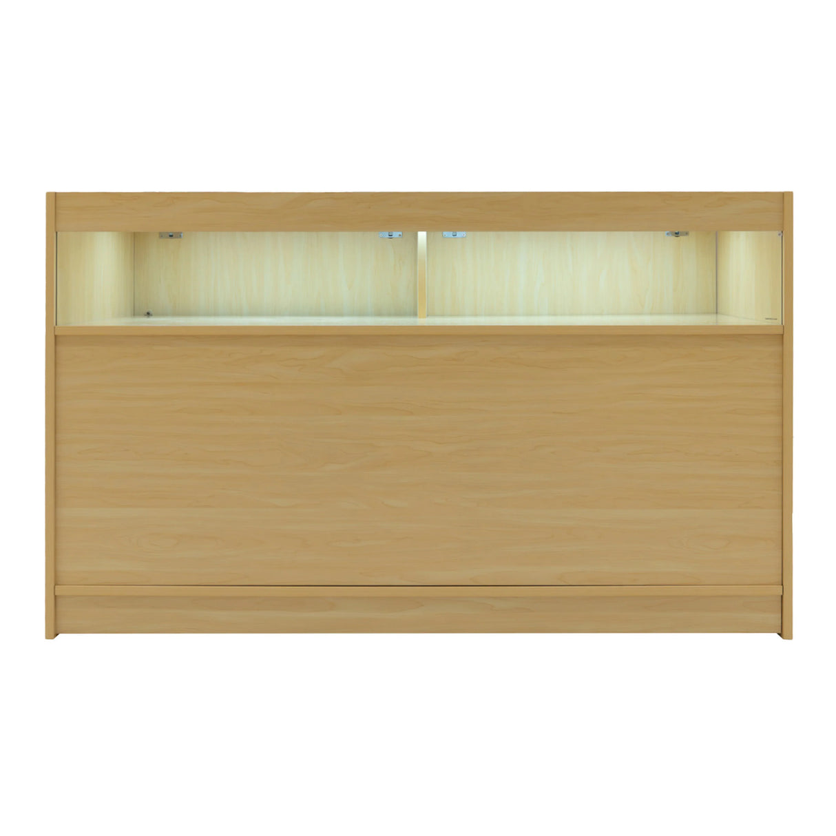 Luna LED Shop Counter Set in maple finish, featuring a sleek design, illuminated shelves, and smooth, textured surface for modern retail spaces