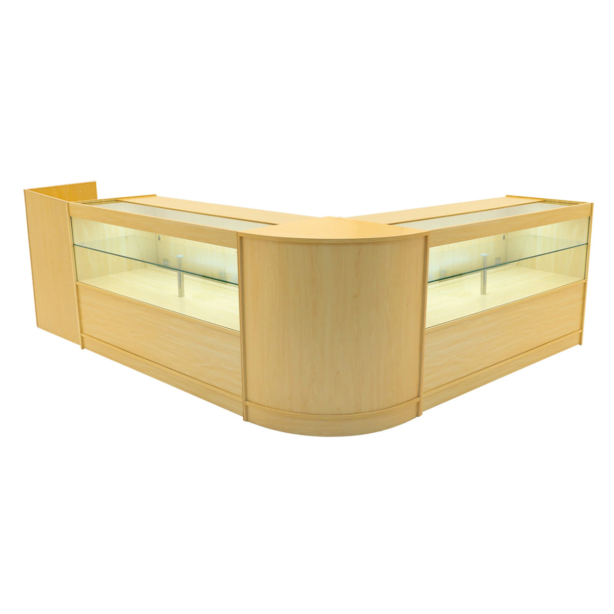 Maple LED shop counter set featuring a sleek, modern design with glass display sections and a curved front for easy access