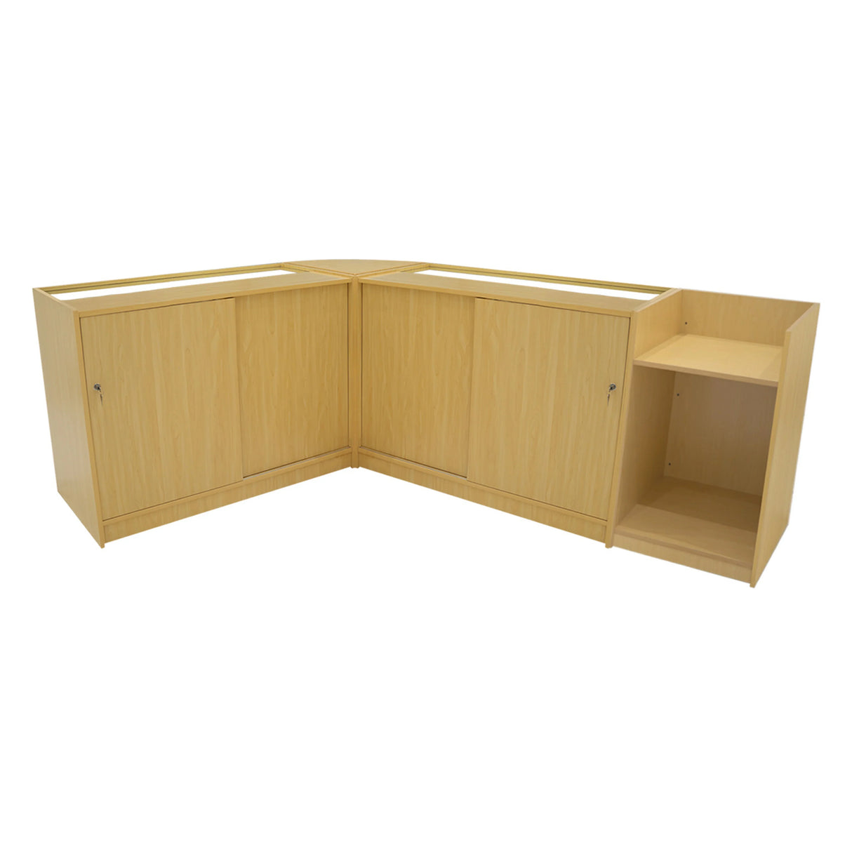 Phoenix LED Shop Counter Set in maple finish featuring a modern design with two cabinets and an open shelf for display storage
