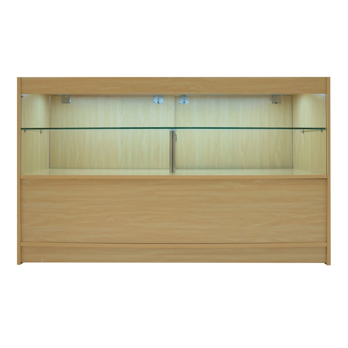 Maple LED shop counter set featuring a sleek design, glass shelves, and integrated lighting for enhanced product display