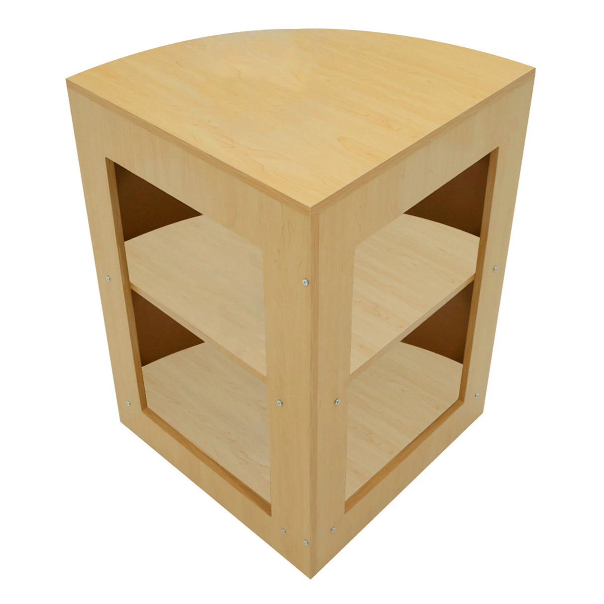 Maple wood corner shop counter with two open shelves, smooth surface, and rounded top, ideal for retail display and organization