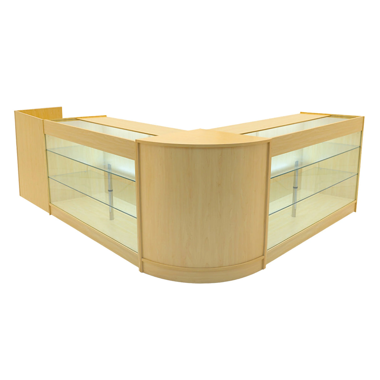 Aries LED Shop Counter Set in maple finish, featuring a modern curved design with glass display shelves and integrated lighting