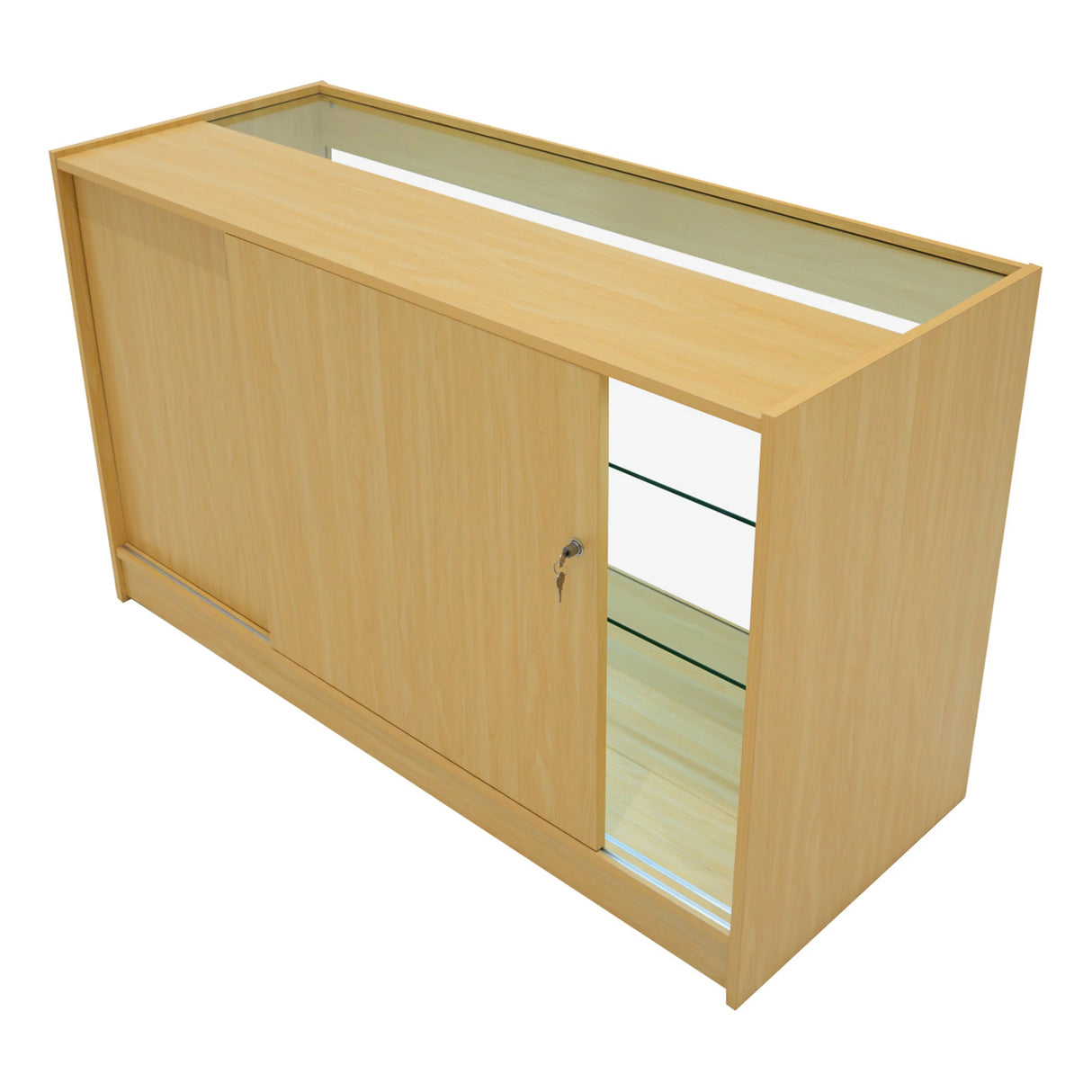 Maple Aries LED shop counter set featuring a sleek design, sliding door, glass shelves, and a smooth wood finish for modern retail display