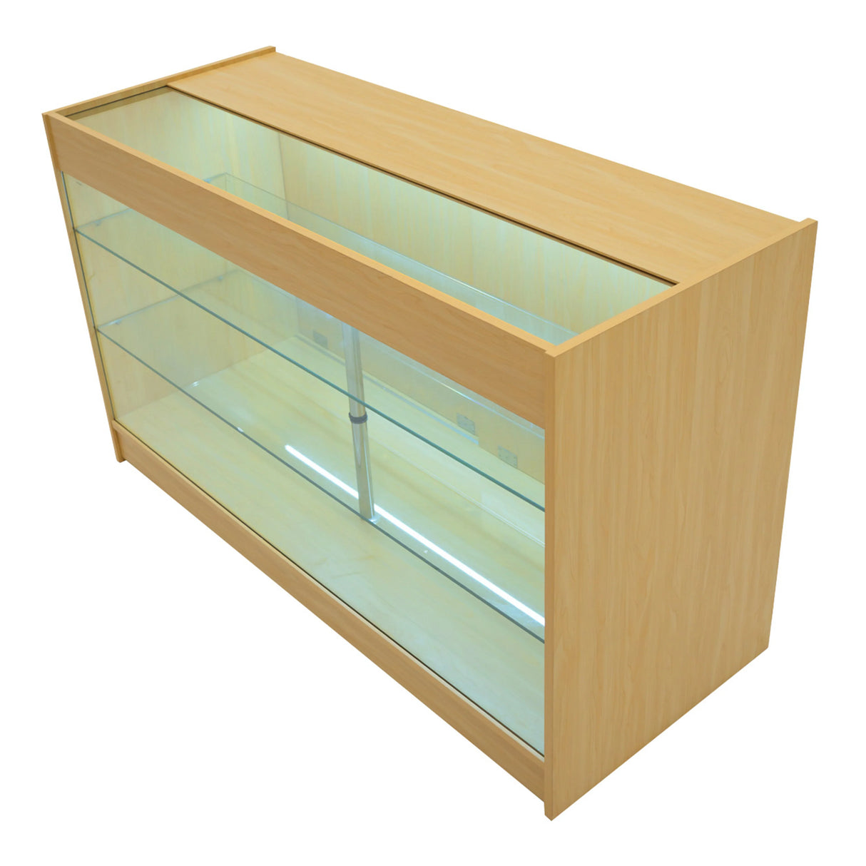Maple LED shop counter set featuring a sleek design, glass shelves, and illuminated interior for enhanced product display