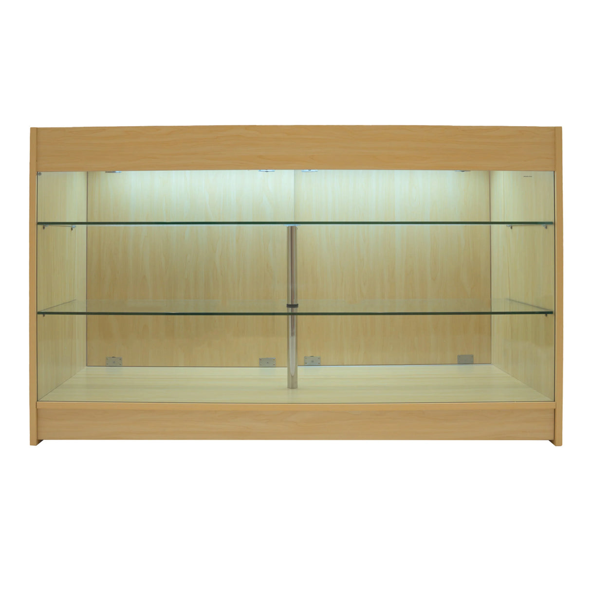 Maple LED shop counter set featuring a sleek design, glass shelves, and soft lighting, ideal for displaying products elegantly