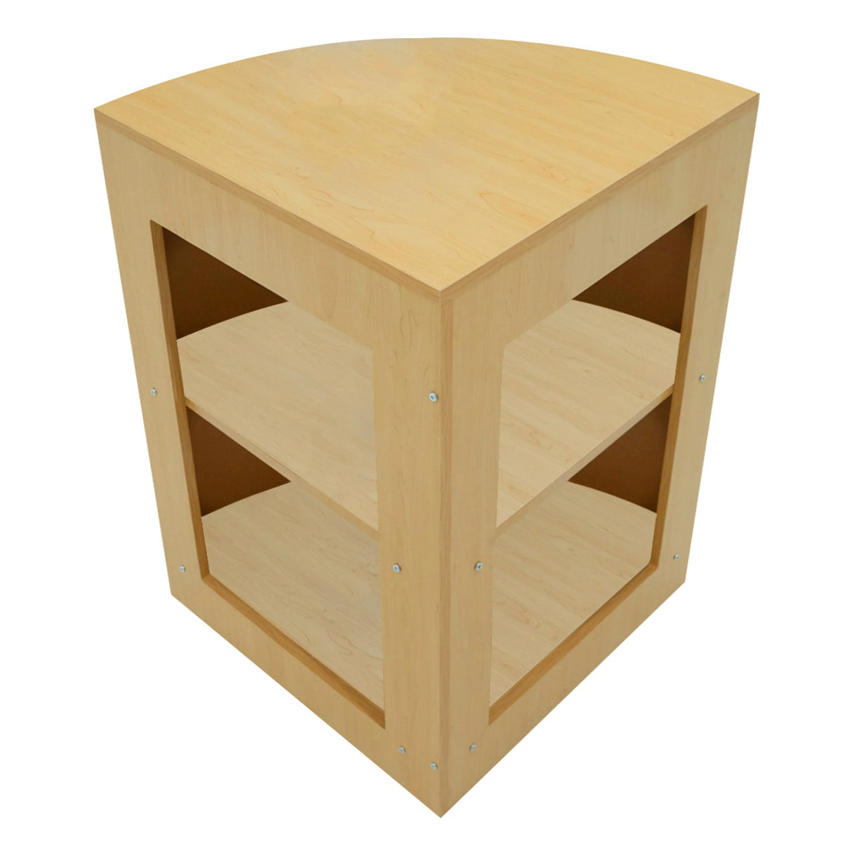 Curved maple LED shop counter with two open shelves, showcasing a smooth wood finish and modern design for retail displays