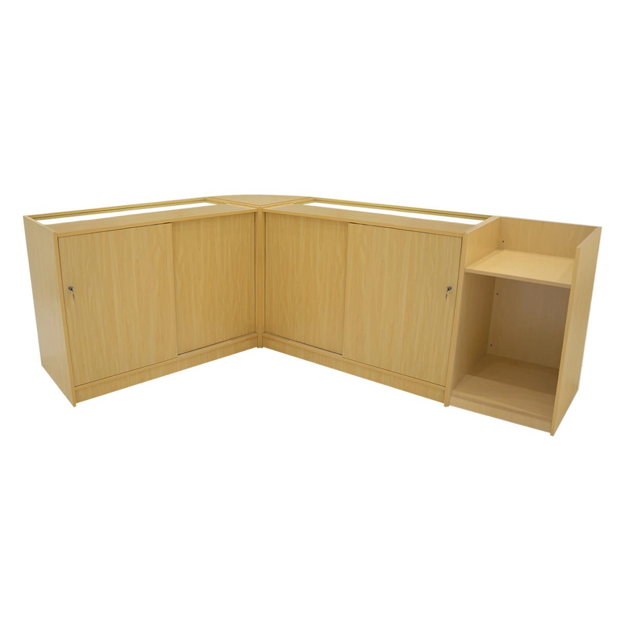 Gravity LED Shop Counter Set in maple finish, featuring a modern design with smooth surfaces, ample storage, and a corner configuration
