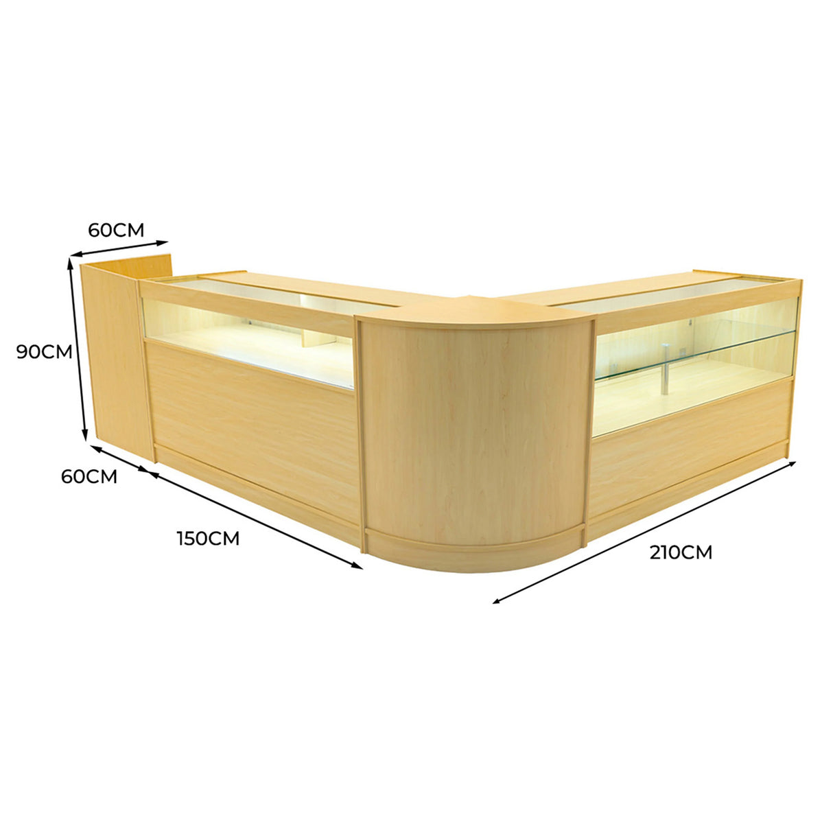 Gravity LED Shop Counter Set in maple finish, featuring a modern curved design, glass display areas, and dimensions of 150cm by 210cm