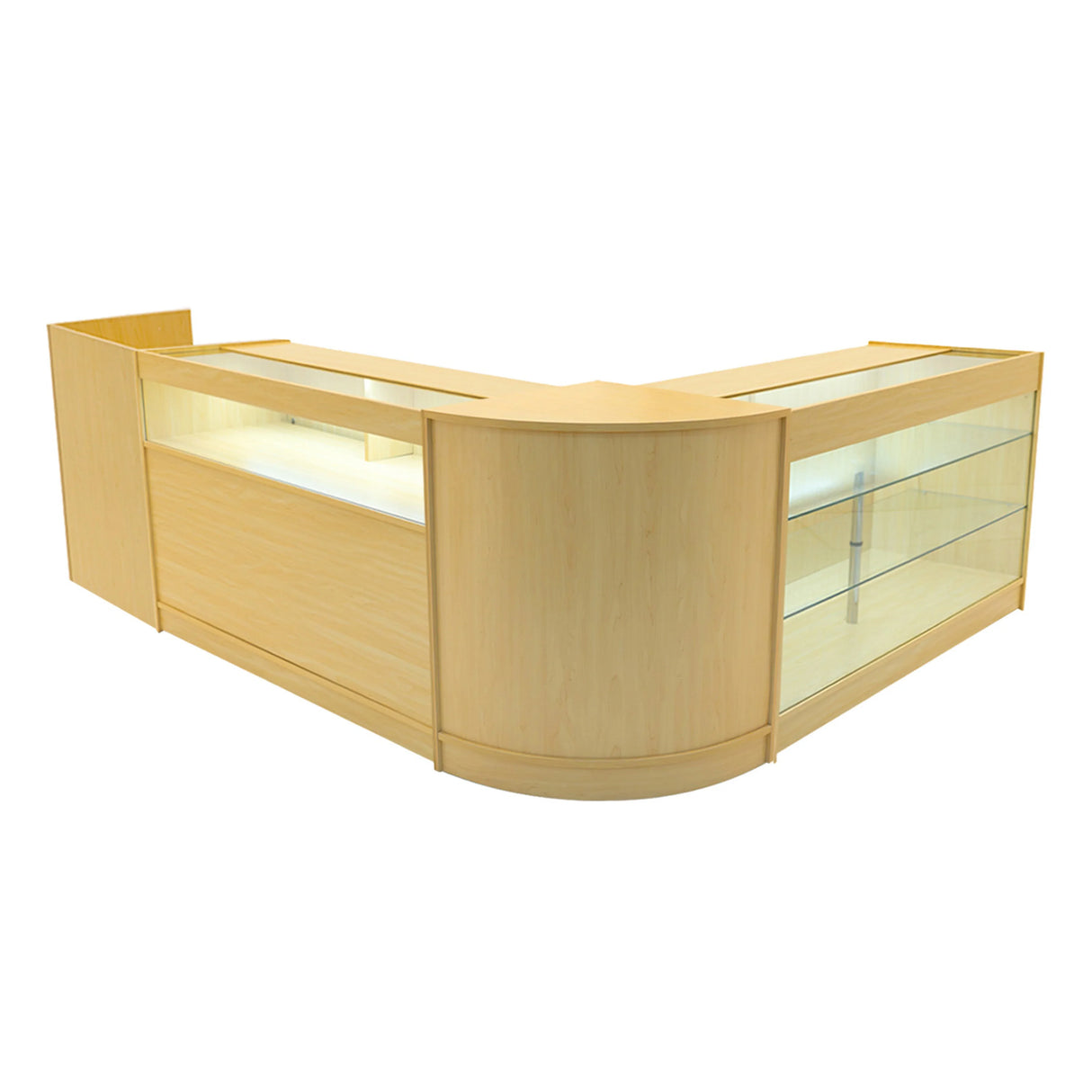 Polaris LED Shop Counter Set in maple finish, featuring sleek glass display sections and a modern L-shaped design for retail spaces