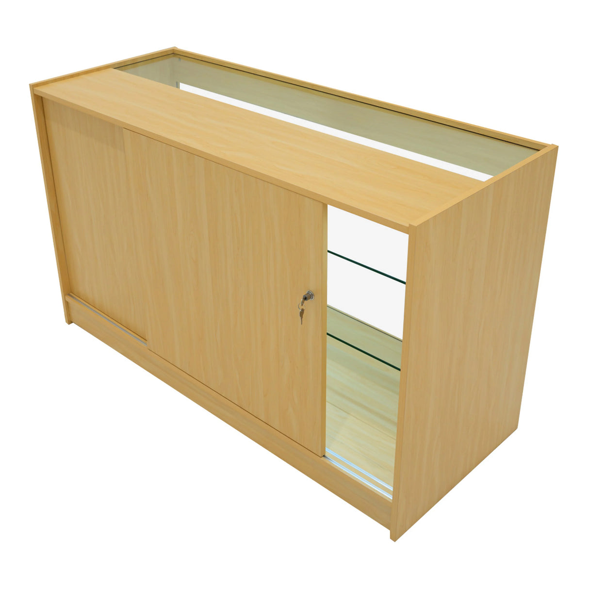 Polaris LED shop counter set in maple finish, featuring sliding doors, glass display shelves, and a sleek, modern design