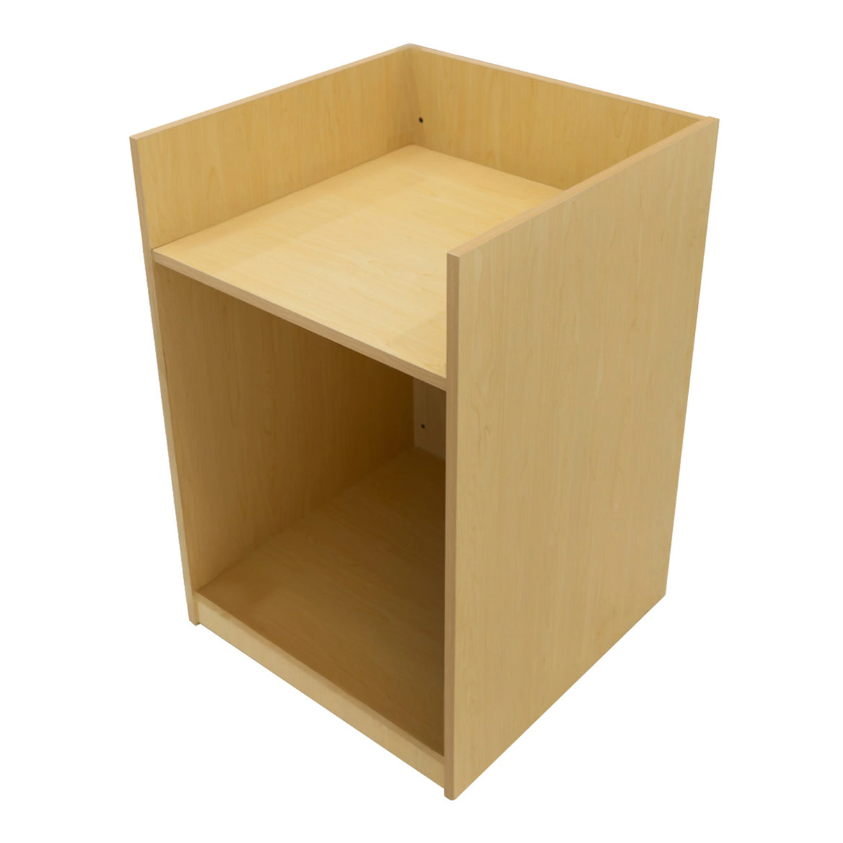 Polaris LED Shop Counter Set featuring a maple finish, sleek design, and open storage space for versatile display options