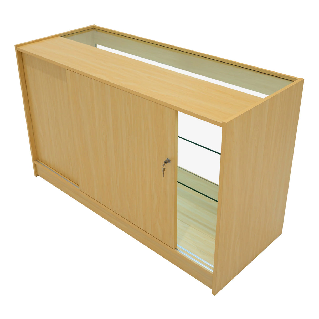 Vega LED Shop Counter Set in maple finish, featuring sliding doors, glass display shelves, and a sleek modern design for retail spaces