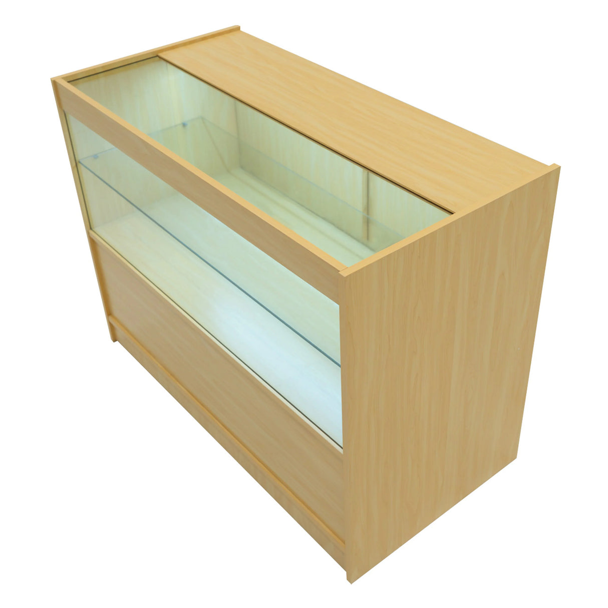 Vega LED Shop Counter Set in maple finish, featuring a sleek glass display top and spacious storage below for showcasing products