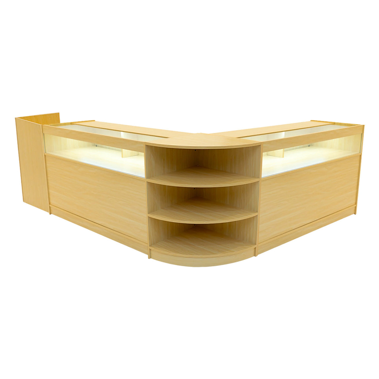 Sagittarius LED Shop Counter Set in maple finish, featuring a modern design with illuminated display areas and curved shelving units