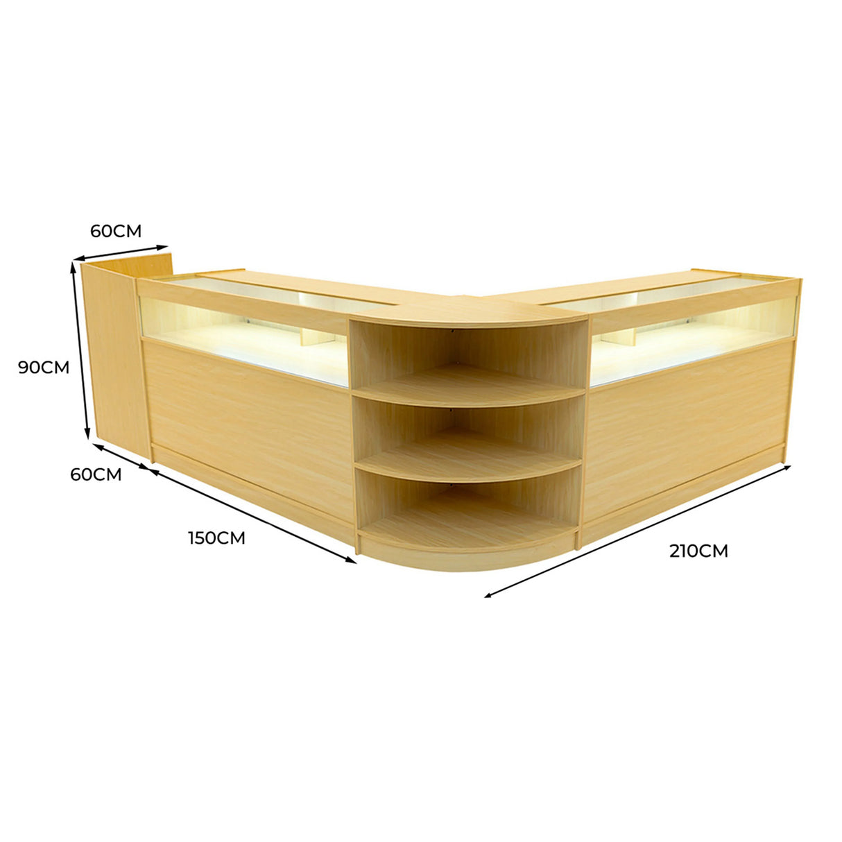 Sagittarius LED Shop Counter Set in maple finish features a modern design with glass display areas, curved edges, and ample storage space