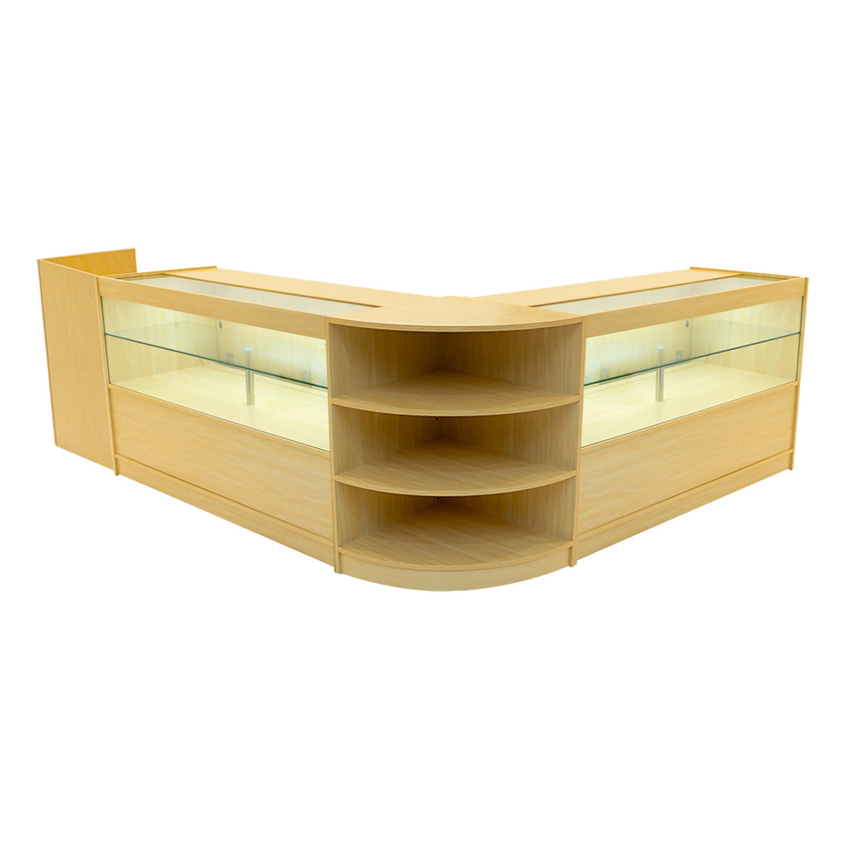 Eclipse LED Shop Counter Set in maple finish features sleek design, glass display shelves, and curved edges for modern retail spaces