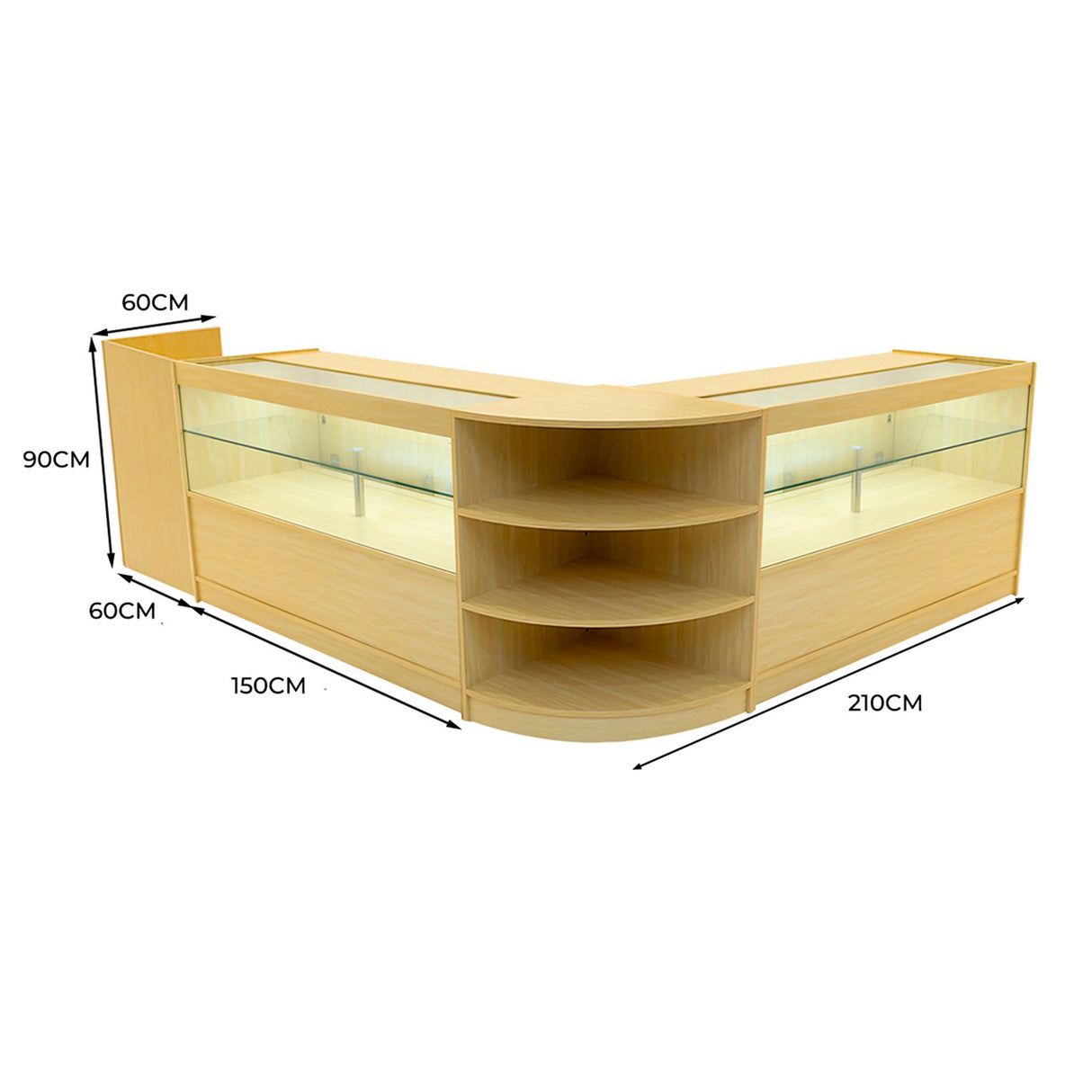 Eclipse LED Shop Counter Set in maple finish, featuring a corner design with glass display areas and shelves, dimensions 210cm x 90cm x 60cm