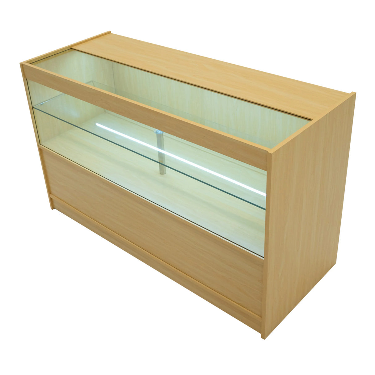 Eclipse LED Shop Counter Set in maple finish, featuring glass display shelves, sleek design, and integrated LED lighting for visibility