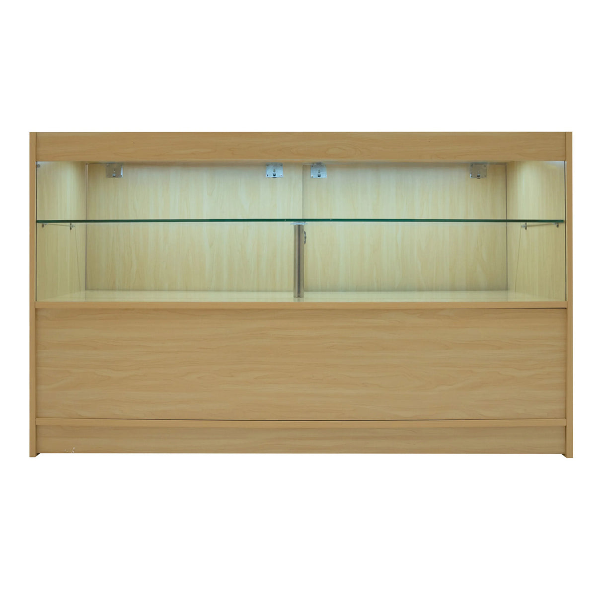 Eclipse LED Shop Counter Set in maple finish features a sleek design with glass shelves and integrated lighting for display