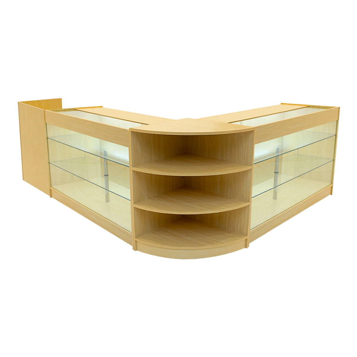 Astro LED Shop Counter Set in maple finish, featuring curved design, glass shelves, and integrated lighting for display purposes