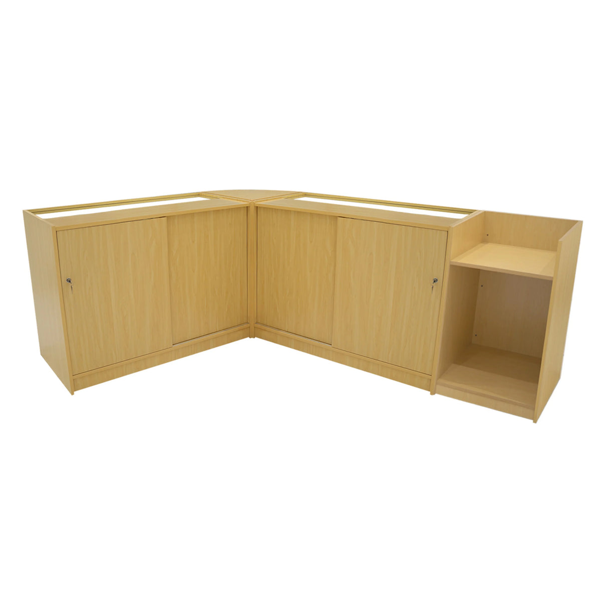 Astro LED Shop Counter Set in maple finish, featuring two corner cabinets and open shelving, showcasing a sleek, modern design