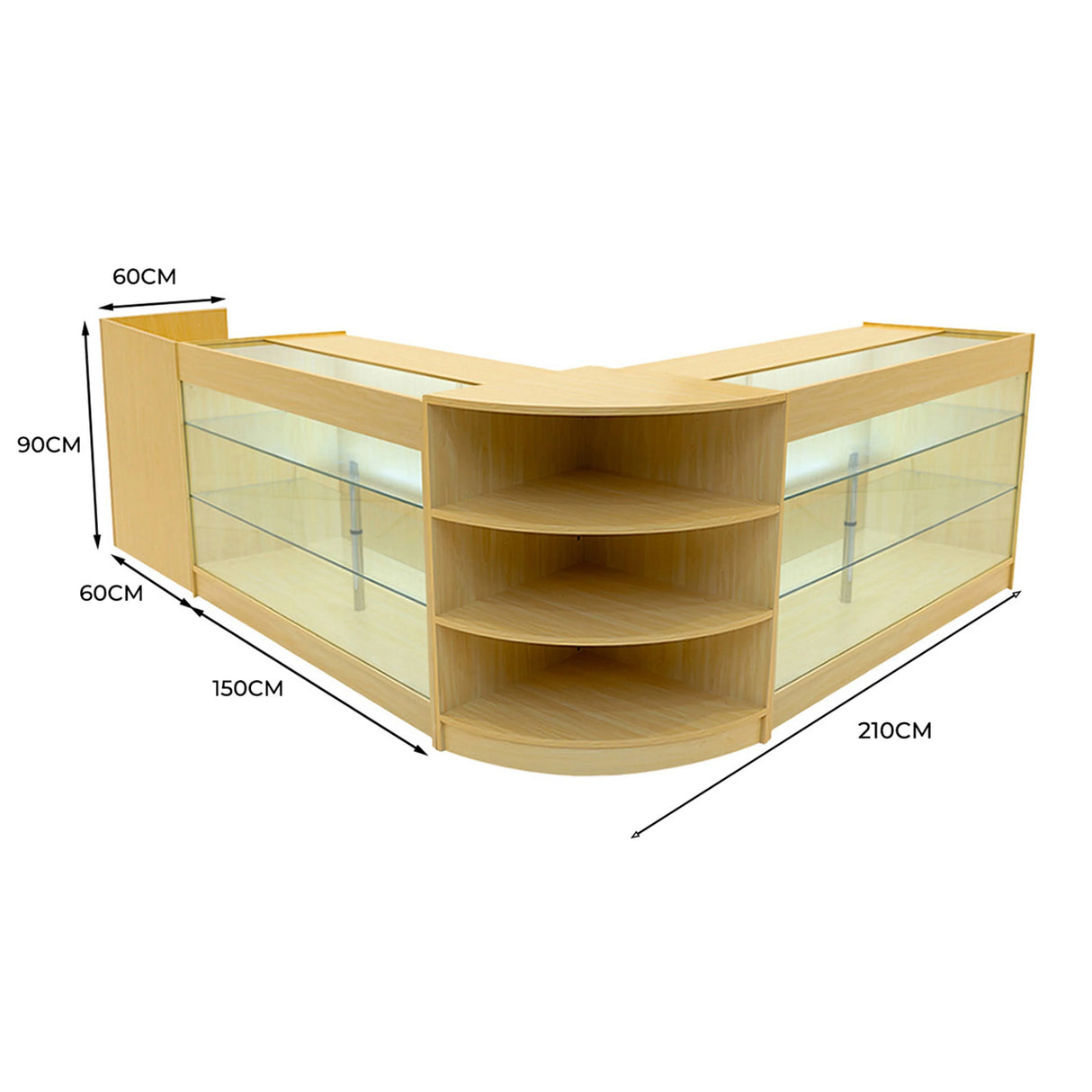 Astro LED Shop Counter Set in maple finish, featuring a modern L-shape design with glass shelves and integrated LED lighting