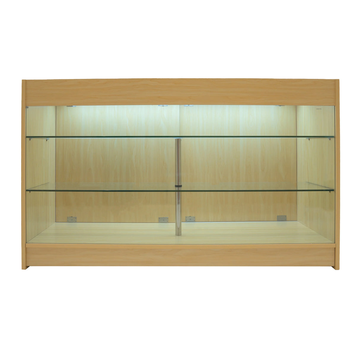 Astro LED Shop Counter Set in maple finish features a sleek design with glass shelves and integrated lighting for display
