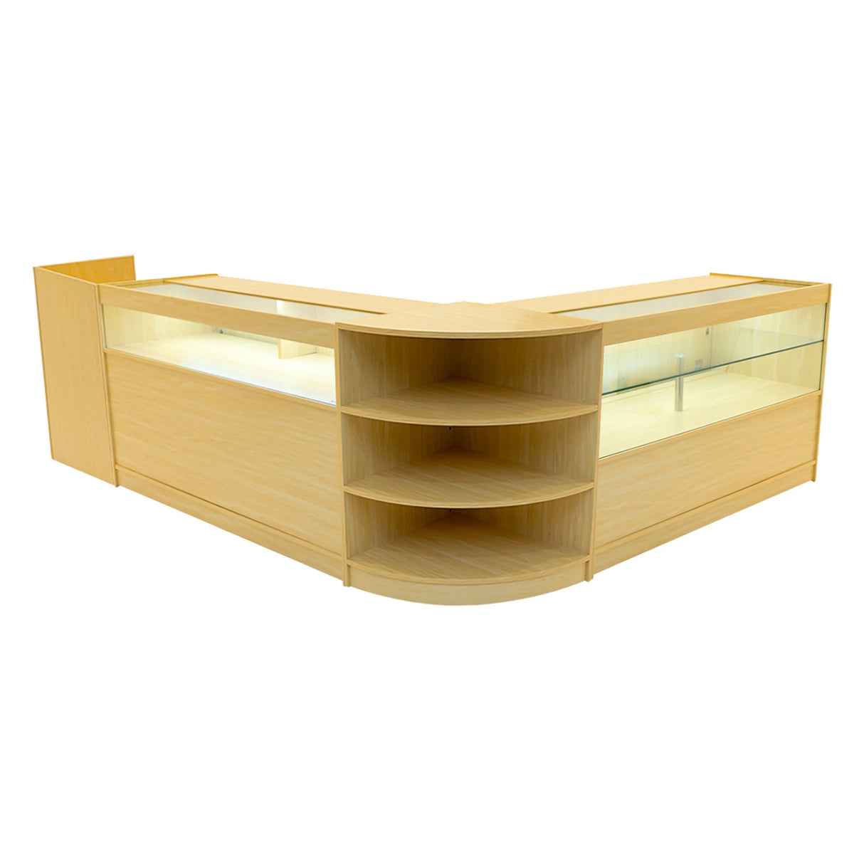 Europa LED Shop Counter Set in maple finish features a modern design with glass display sections and open shelving for storage