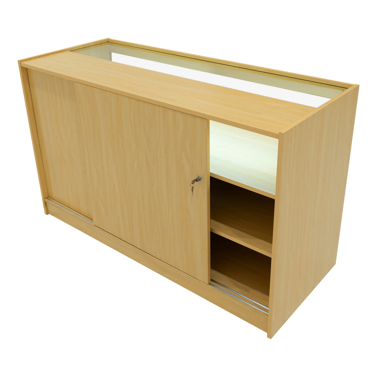 Europa LED Shop Counter Set in maple finish features sliding doors, glass top, and open shelving for display and storage
