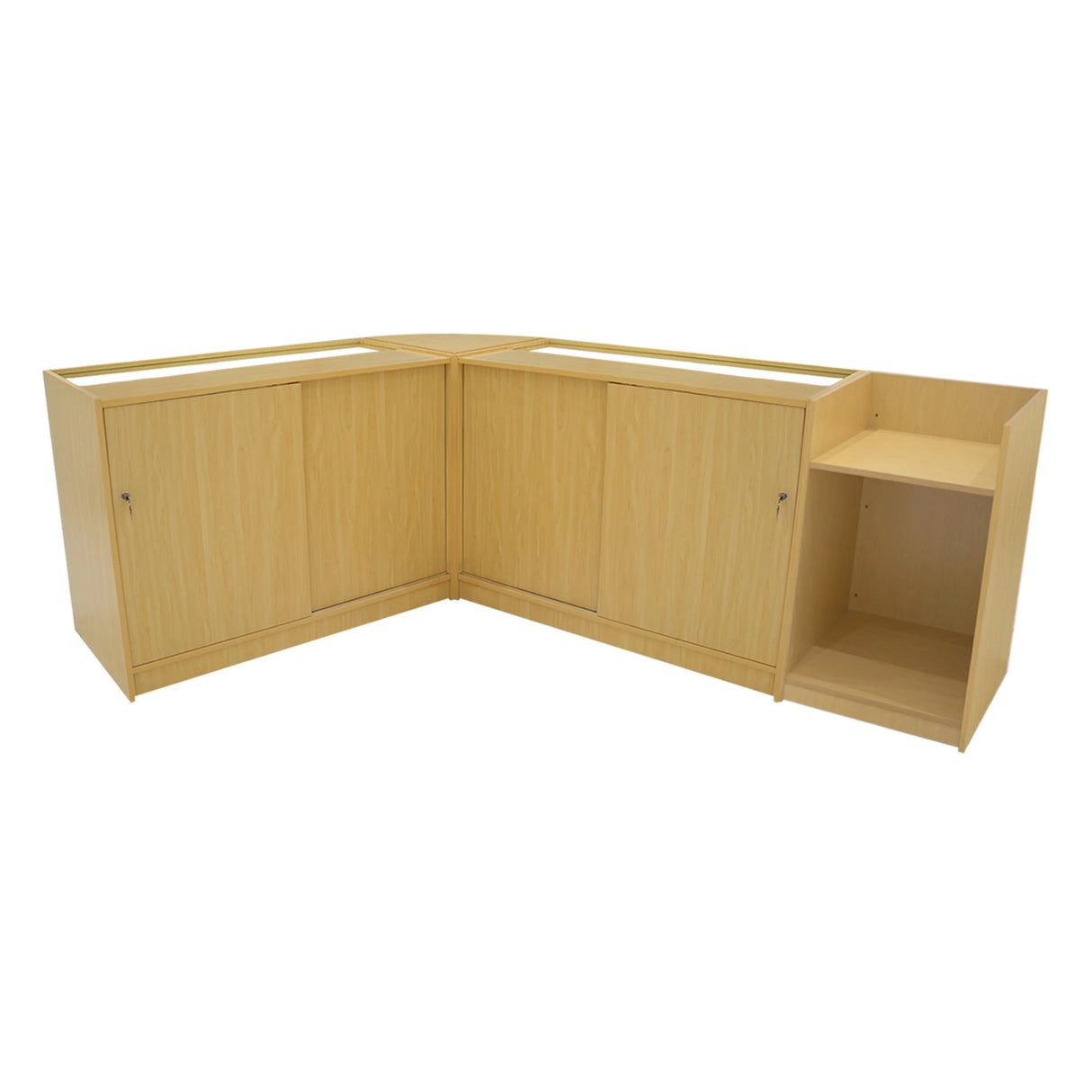 Europa LED Shop Counter Set in maple finish, featuring sleek design with two cabinets and an open shelf for storage and display