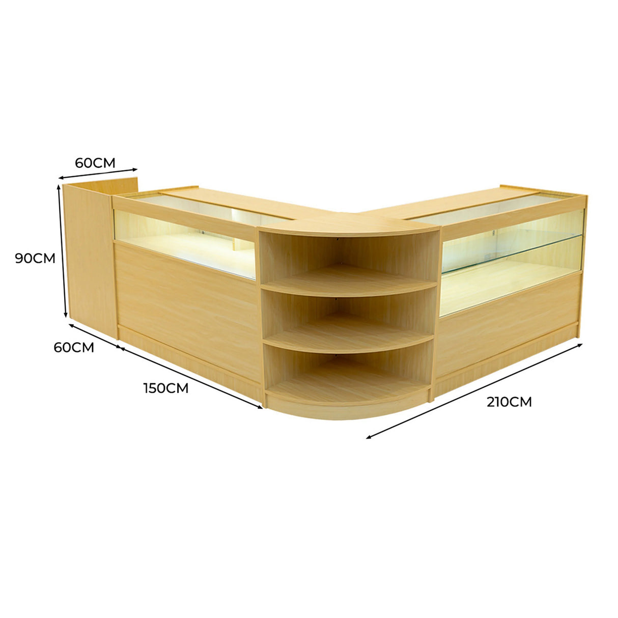 Europa LED Shop Counter Set in maple finish, featuring a modern design with glass display sections and ample storage shelves