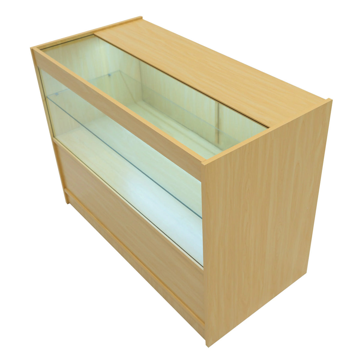 Europa LED Shop Counter Set in maple finish, featuring a glass display top, spacious interior, and sleek modern design