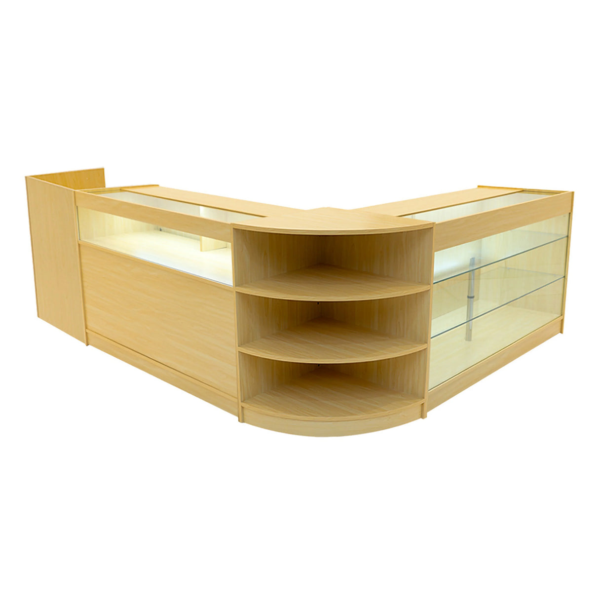 Hyperion LED shop counter set in maple wood featuring a modern design with glass display shelves and curved edges for stylish storage