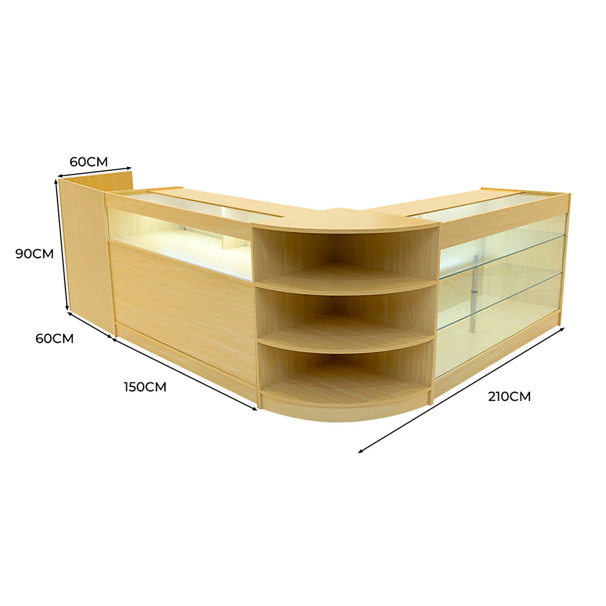 Maple Hyperion LED shop counter set featuring a modern design with glass display shelves, curved edges, and ample storage space