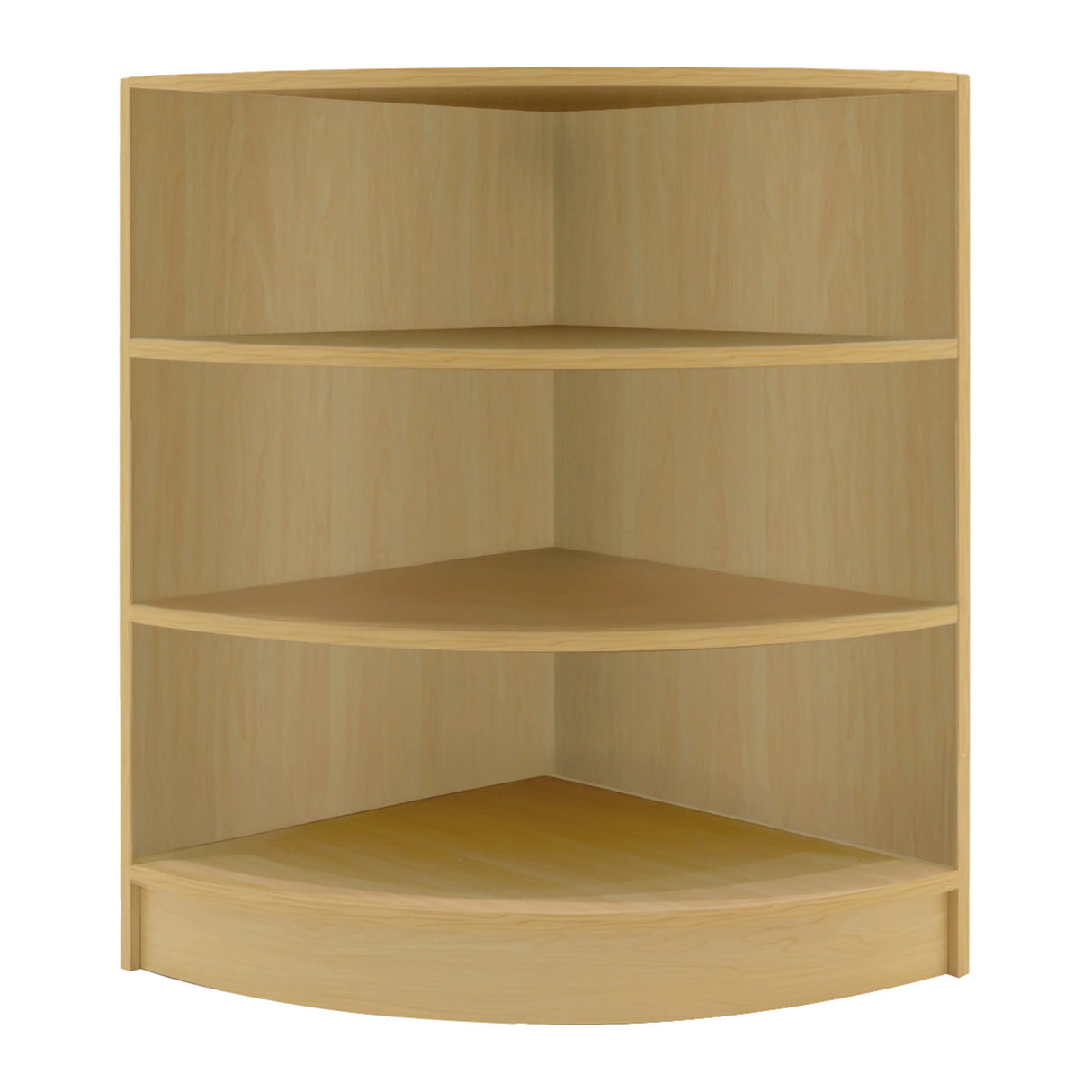 Corner display shelf in light maple finish, featuring three spacious shelves and a curved base for stylish storage solutions