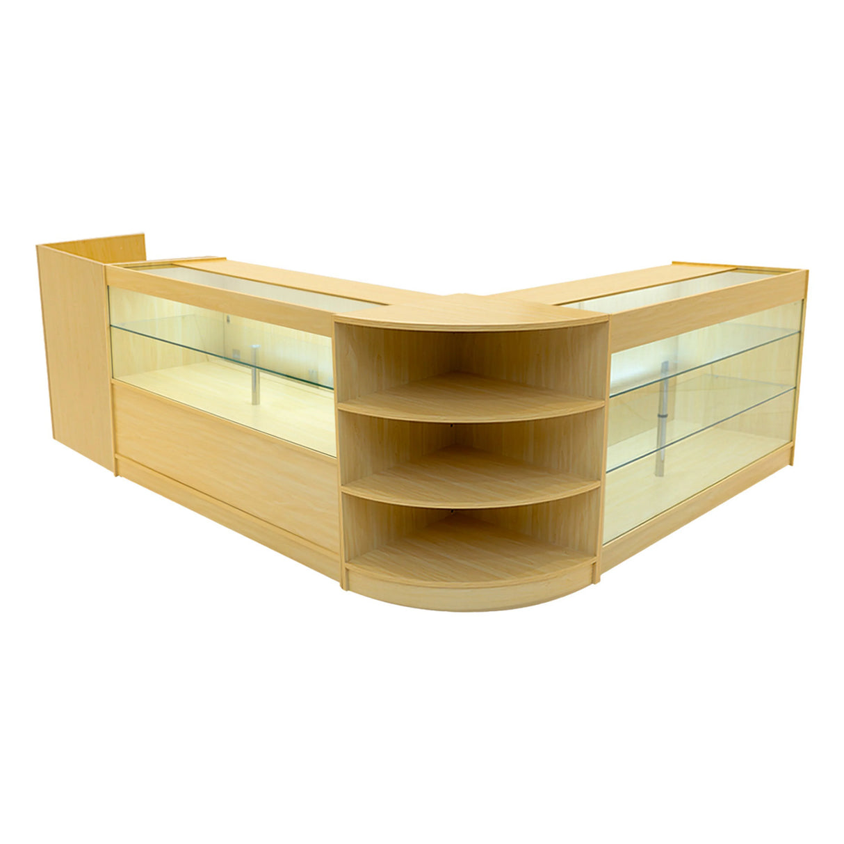 Theia LED Shop Counter Set in maple finish features sleek glass displays, curved edges, and open shelving for versatile retail use