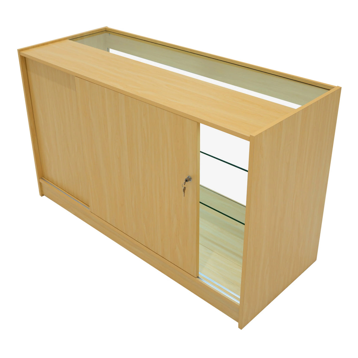 Theia LED Shop Counter Set in maple finish features a sleek design with sliding doors, glass shelves, and a modern aesthetic
