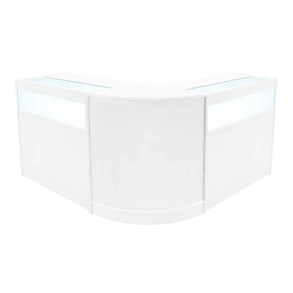Stylish white Iris LED shop counter set with a sleek design, featuring two glass display sections and a modern curved shape