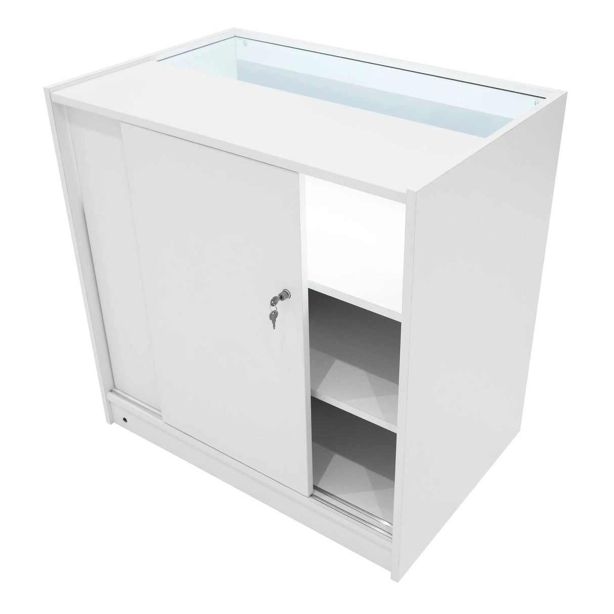White Iris LED shop counter set CM60 features sliding doors, shelves, and a sleek design, ideal for retail display and organization