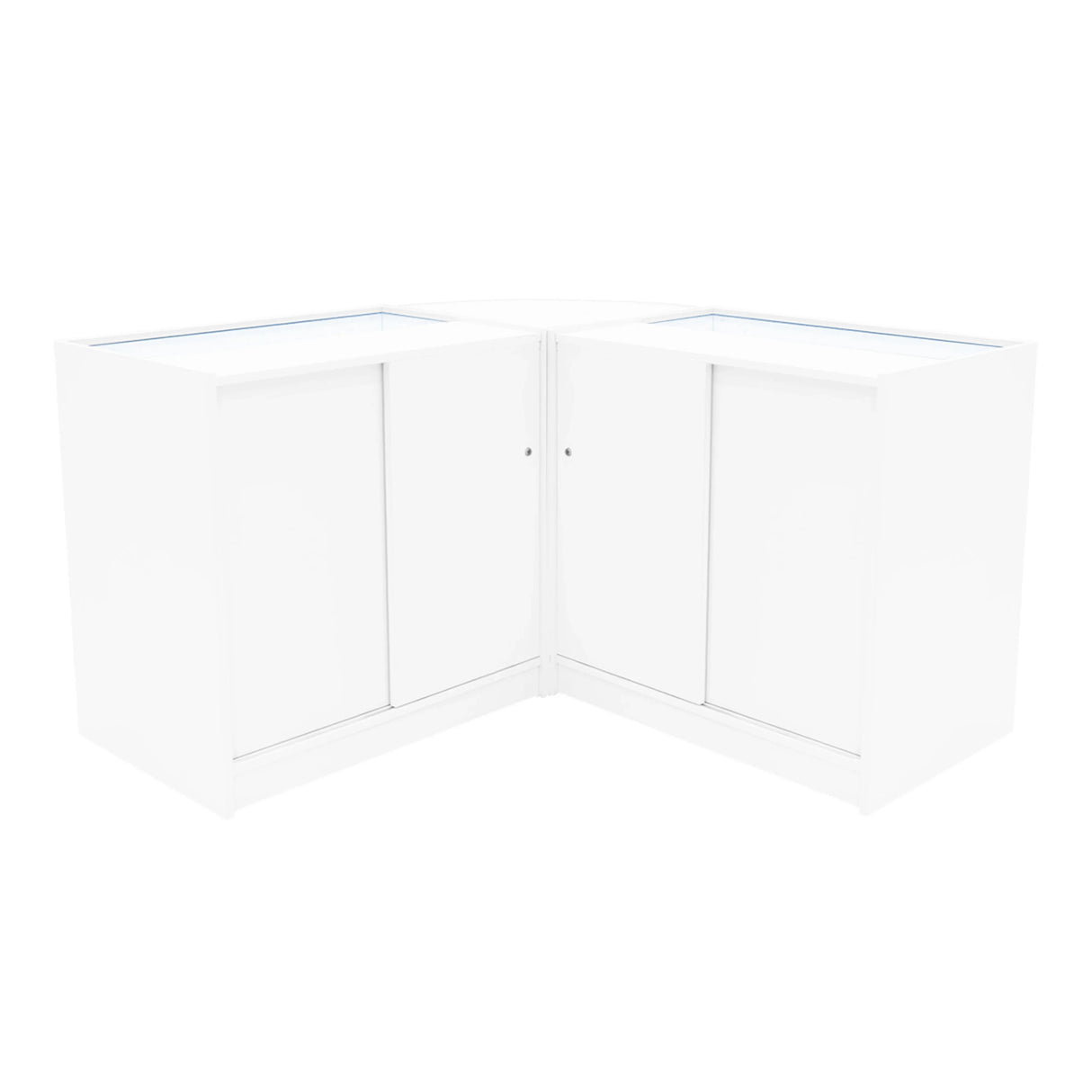 White Iris LED Shop Counter Set CM60 with two B900 units, featuring sleek design, glass display tops, and smooth surfaces