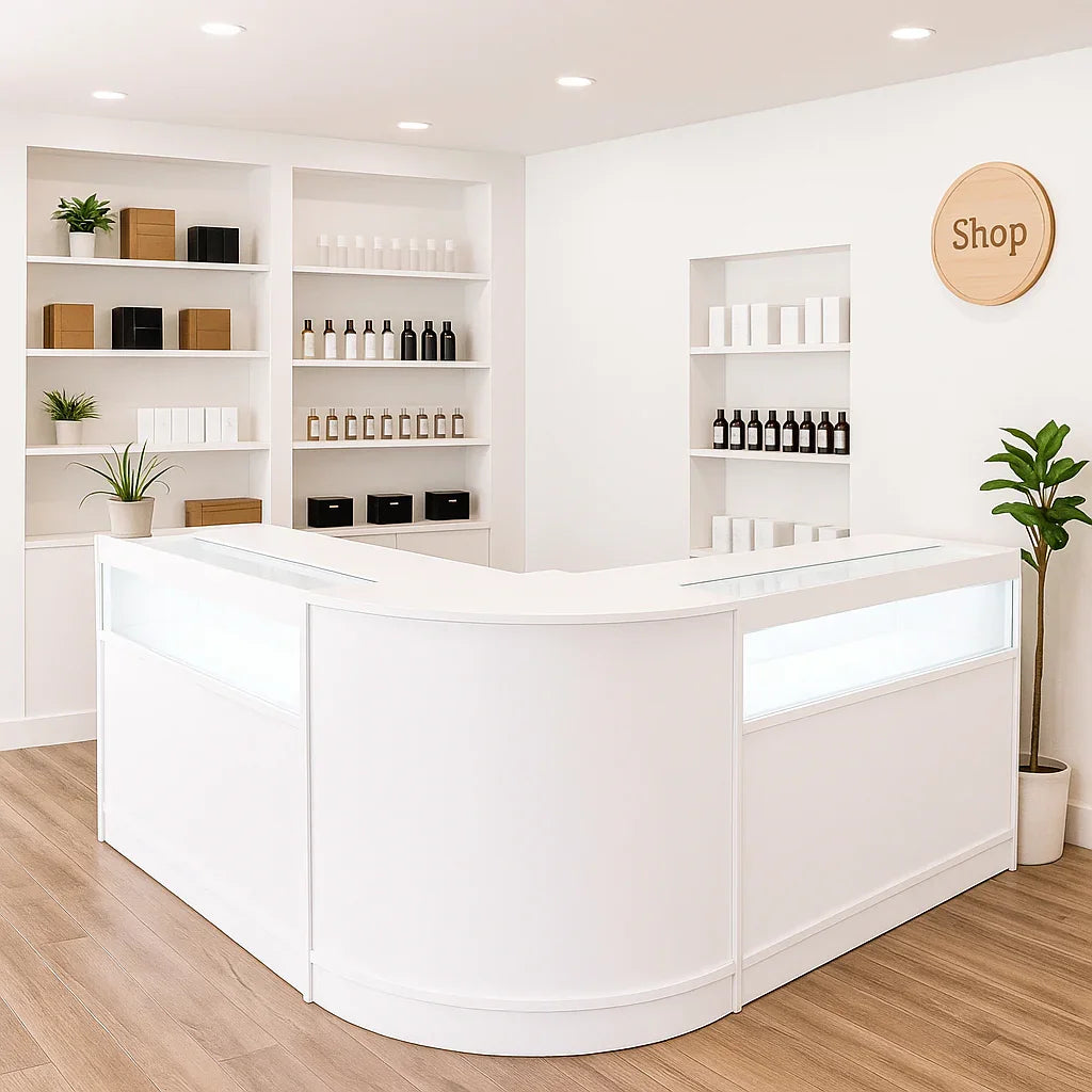 Curved white Iris LED shop counter set with glass display tops, surrounded by minimalist shelving and decorative plants in a bright space