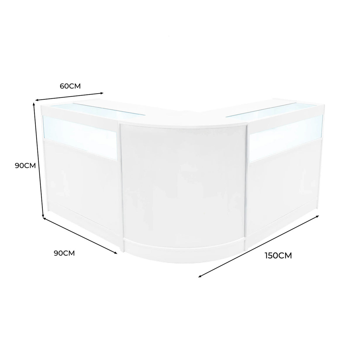 Curved white Iris LED shop counter set with two display cases, featuring sleek lines and illuminated sections for product visibility