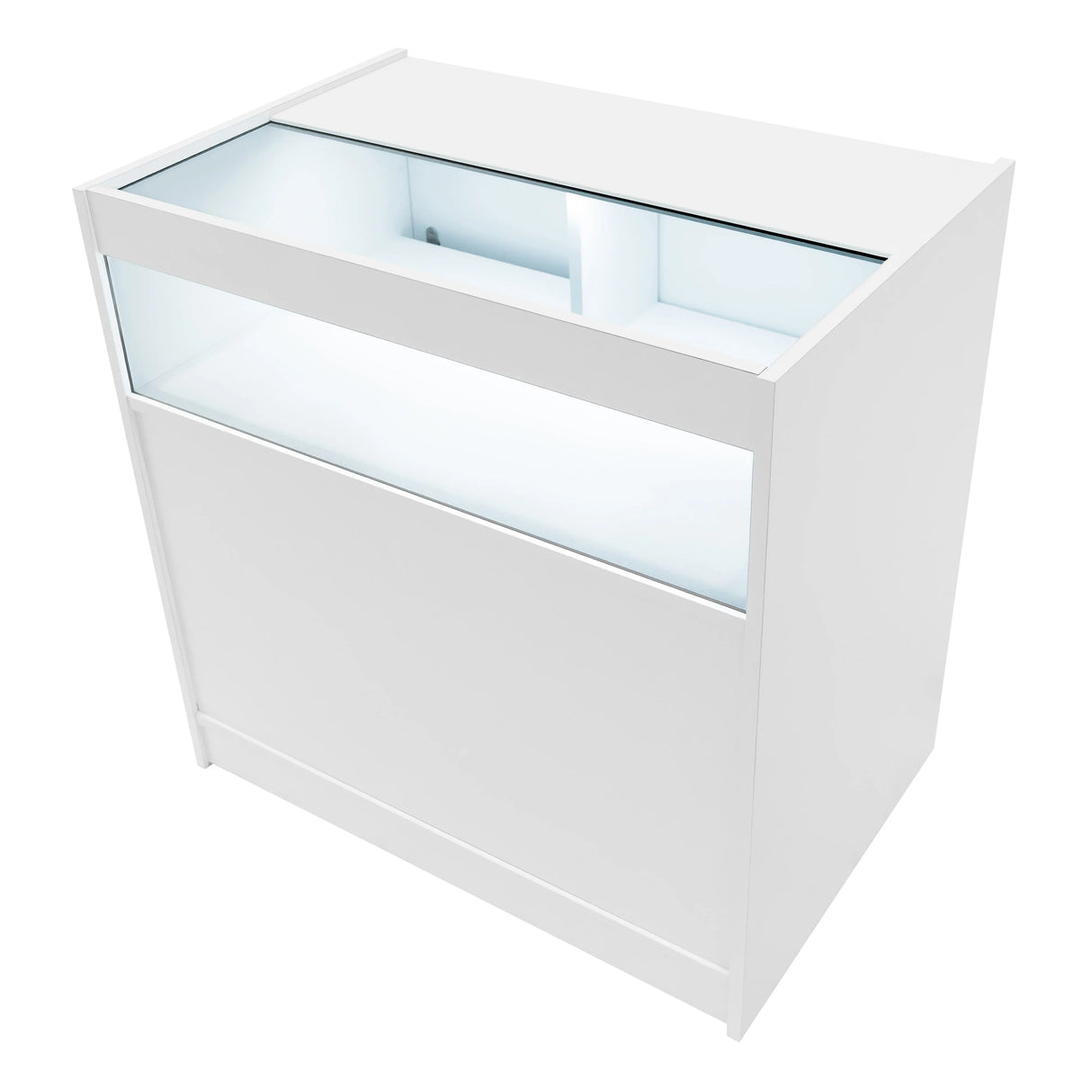 White Iris LED shop counter set with glass display top, featuring a sleek design and illuminated interior for showcasing products