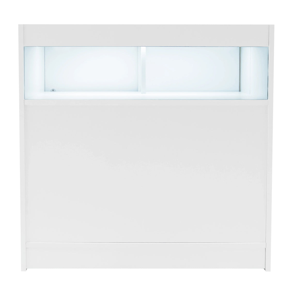 Sleek white Iris LED shop counter set with two glass display sections, ideal for showcasing products in retail environments