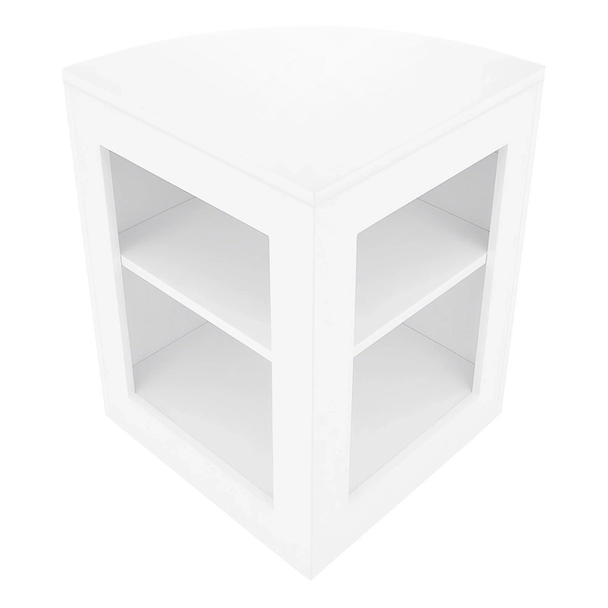 Sleek white corner shop counter with two open shelves, designed for display and storage, featuring a smooth, modern finish